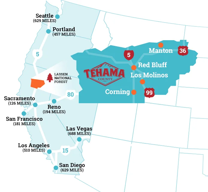 Map of location of Tehama County, Western United States